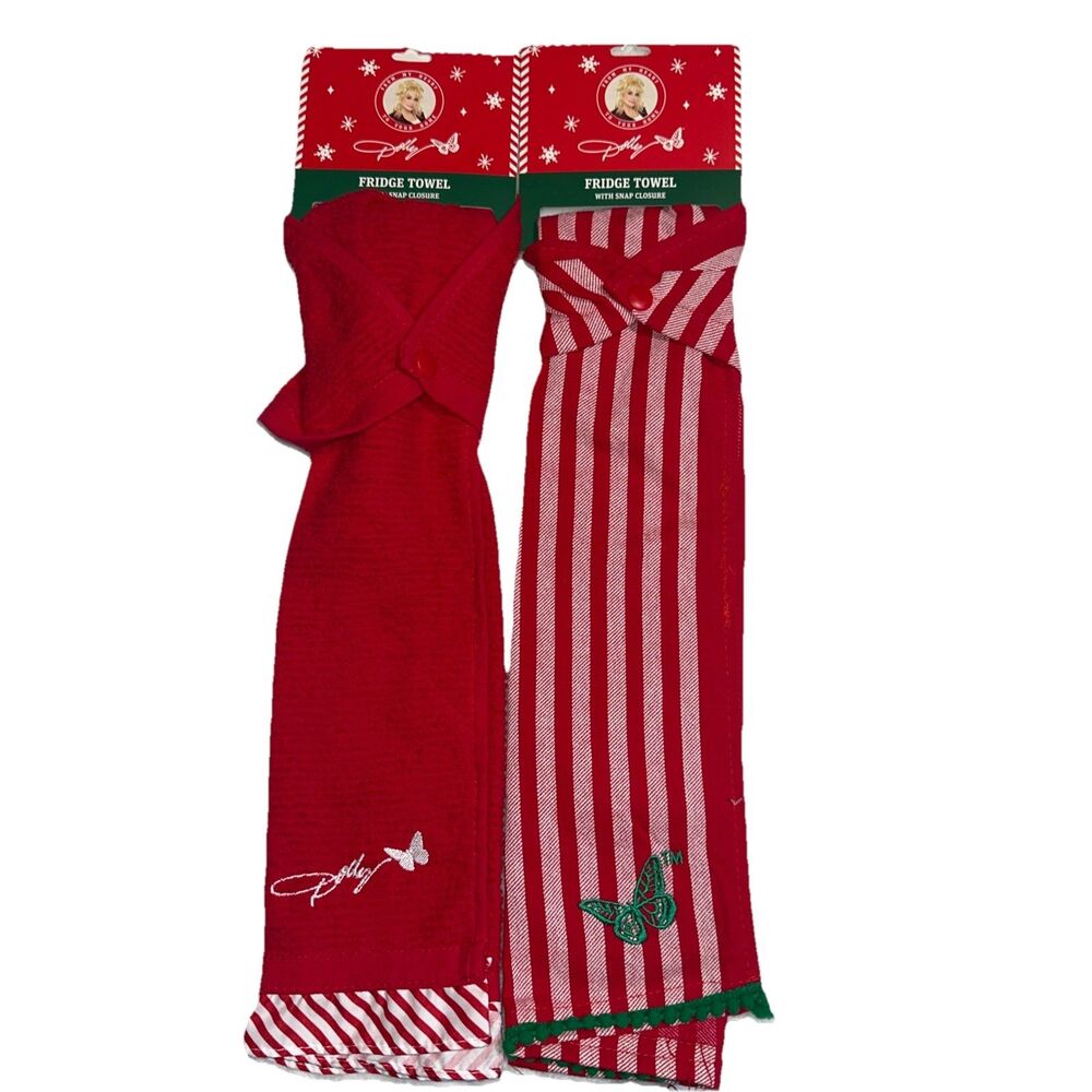 x2 Dolly Parton Dollar General Red White Fridge Kitchen Towel Set of 2 14x24 New